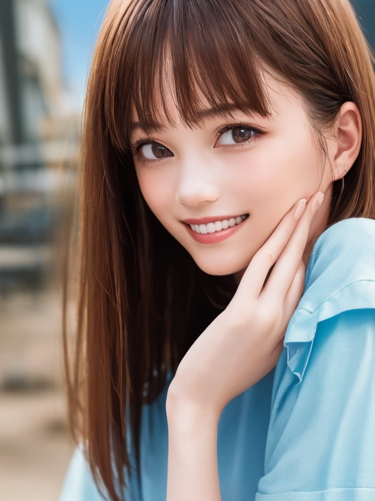 (Highest quality、8k、32K、masterpiece)、(Realistic)、(Realistic:1.2)、(High resolution)、Very detailed、Very beautiful face and eyes、1 girl、Round and small face、Tight waist、Delicate body、(Highest quality、Attention to detail、Rich skin detail)、(Realistic、Realistic:1.37)、Bright colors、(((Chestnut Hair)))、(((Cowboy Shot)))、(((Frame In)))、(((Medium Hair)))、(((Fair skin)))、(((seaside resorts)))、(((smile)))、(((Teeth are visible)))、(((Wear a T-shirt)))、(((Touch your chin with your right hand)))、(((Light blue T-shirt)))、(((Clothes with English print)))、(((I can see the horizon)))
