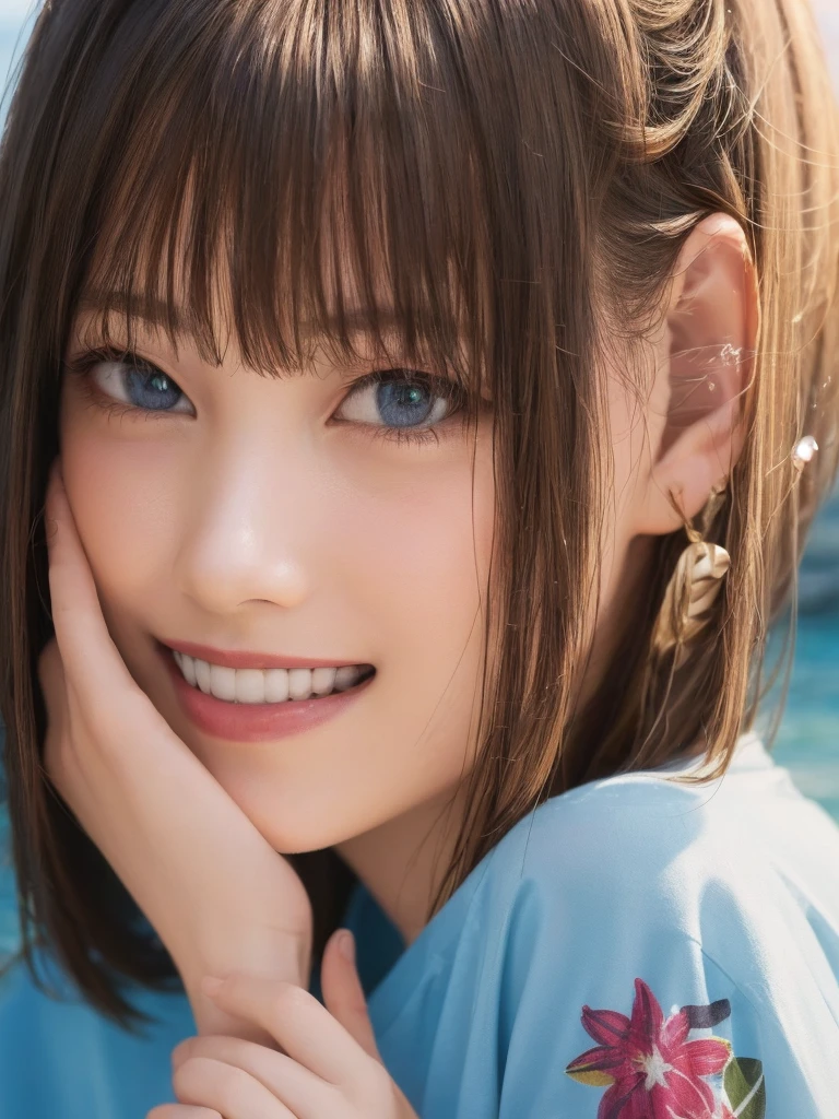 (Highest quality、8k、32K、masterpiece)、(Realistic)、(Realistic:1.2)、(High resolution)、Very detailed、Very beautiful face and eyes、1 girl、Round and small face、Tight waist、Delicate body、(Highest quality、Attention to detail、Rich skin detail)、(Realistic、Realistic:1.37)、Bright colors、(((Chestnut Hair)))、(((Cowboy Shot)))、(((Frame In)))、(((Medium Hair)))、(((Fair skin)))、(((seaside resorts)))、(((smile)))、(((Teeth are visible)))、(((Wear a T-shirt)))、(((Touch your chin with your right hand)))、(((Light blue T-shirt)))、(((Clothes with English print)))、(((I can see the horizon)))