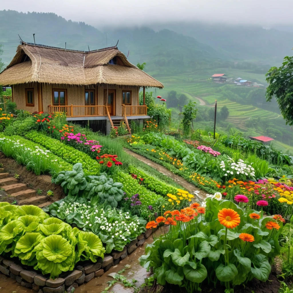 view from far, cottage, the sacred symbol of nature, A straw house on the hill (stilt house), garden around the house with flowers, vegetables, rows of vegetables, gerbera daisys. In front of the house is a valley. scenery, a rainy day.