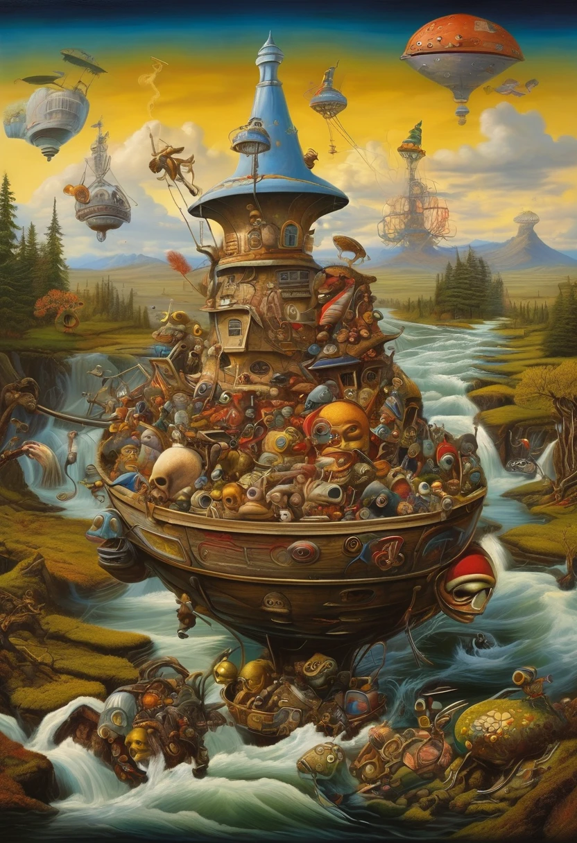 Art combination of Todd Schorr and Baros remedies, strange world of many trinkets and trinkets Style Esao Andrews and Adam Varga, absurd landscape of amazing Punkcalypse, sad effect