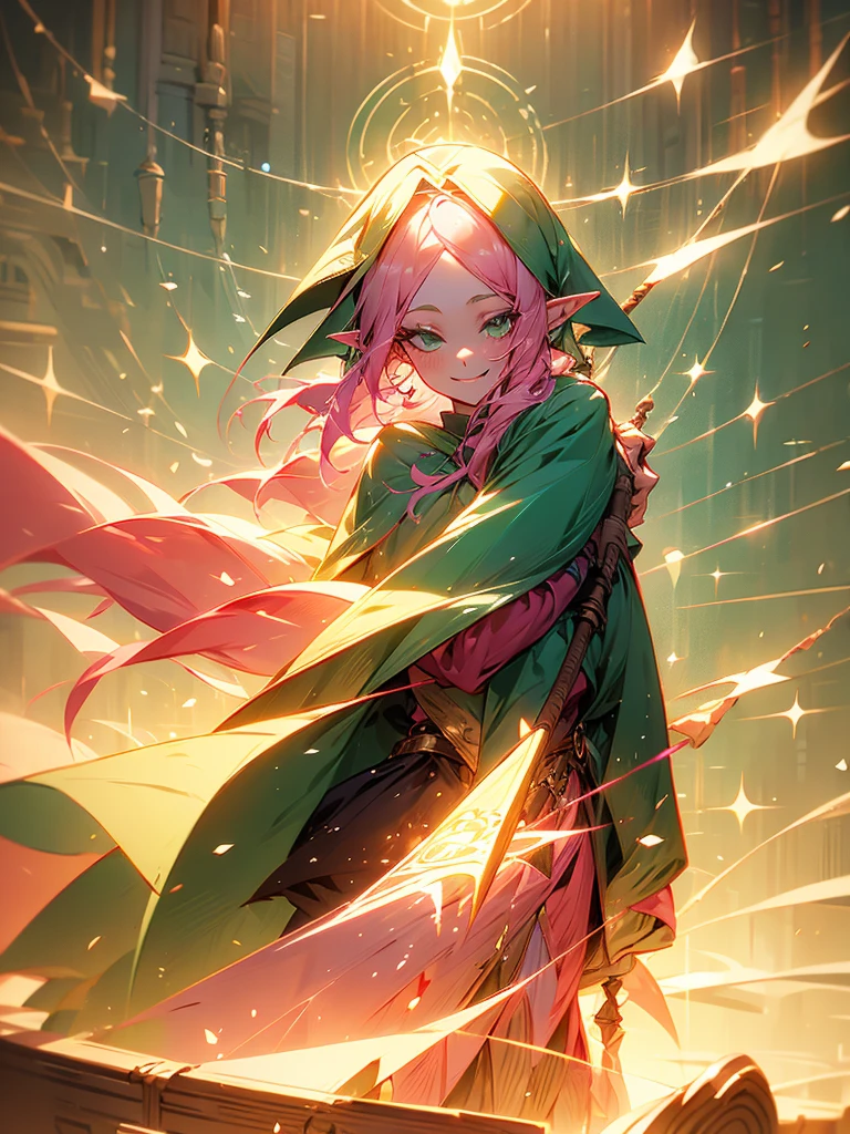 An elf girl with pink hair and green eyes. Her hair is long. There are strands or bangs on her forehead. Holding a large staff, wearing a cloak, smiling gently.
