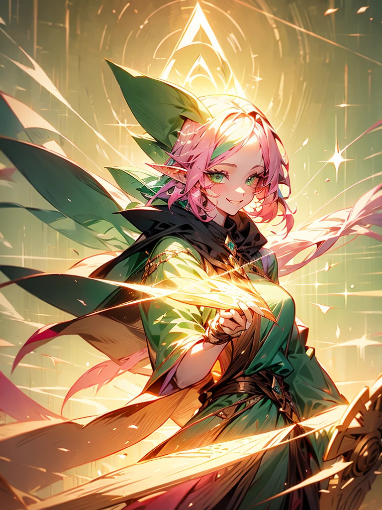 An elf girl with pink hair and green eyes. Her hair is long. There are strands or bangs on her forehead. Holding a large staff, wearing a cloak, smiling gently.
