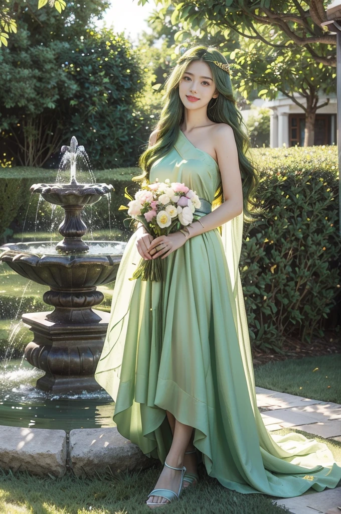"(((best quality))), (((ultra detailed))), (((masterpiece))), illustration,((a stunning young girl,solo)),garden, vibrant colors, flowers,(shoulder length wavy green hair:1.2),detailed eyes,flowing pink dress, blue sash, sandals, carefree, bouquet of flowers, radiant smile, sun's rays, glowing skin, ancient Greek statues, hedges, manicured grass, water fountain, soothing atmosphere, magical scene, beautiful landscape,summer,day scene