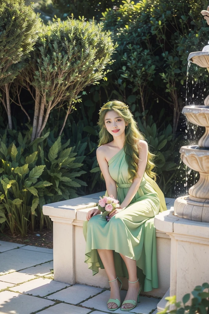 "(((best quality))), (((ultra detailed))), (((masterpiece))), illustration,((a stunning young girl,solo)),garden, vibrant colors, flowers,(shoulder length wavy green hair:1.2),detailed eyes,flowing pink dress, blue sash, sandals, carefree, bouquet of flowers, radiant smile, sun's rays, glowing skin, ancient Greek statues, hedges, manicured grass, water fountain, soothing atmosphere, magical scene, beautiful landscape,summer,day scene