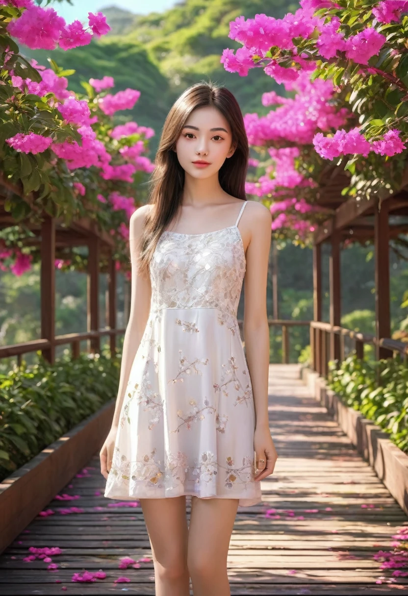 (Masterpiece, Highest quality, best quality, beautiful and beautiful:1.2), (1 girl), very detailed eyes, (fractal art:1.3), colorful, Maximum details, (perfect face), Shiny skin, HDR, Wide angle photo of a sweet 18 year old girl., Gentle face, white skin, cute, Wear a one-piece dress., Standing holding a coffee cup on the wooden walkway, With bougainvillea trees that bloom with white flowers.,Yellow beams of light and pink petals fluttered across the image.. and petals scattered on the ground There is a lush landscape with realistic flowers. The atmosphere is quiet and shady., Dim light in the morning, Facing straight, The picture is sharp and realistic..