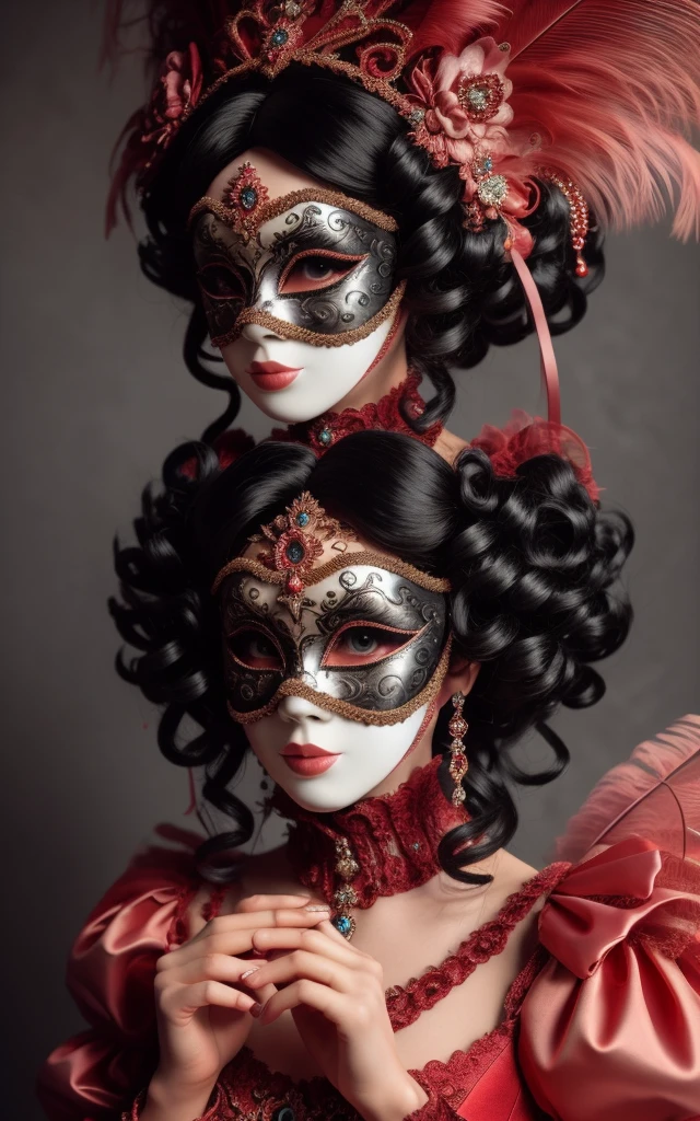 RAW photo, Seated Girl, absurd black wig, (full face mask:1.2), exquisite red dress, Intricate abstract feathers background, Light Theme, MasqueradeFashion style 8k uhd, SLR camera, soft lighting, high quality, granularity, Fujifilm XT3, (complex parts:0.9), (HDR, hyper-detailed:1.2)