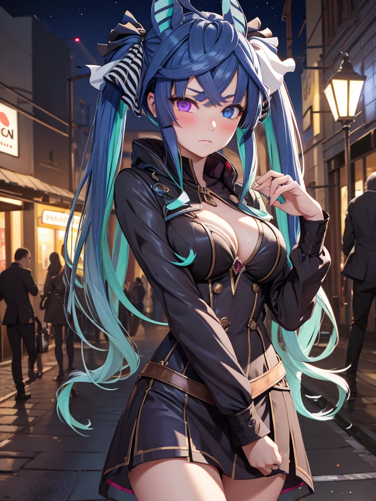 (Masterpiece, best quality, high res、highly detailed cg: 1), A foreign land where the language is not understood, a prostitute inviting with body language, both not understanding each other's words but the intentions are clear, she is using gestures and expressions, street at night, subtle lighting, exotic atmosphere. Twin_Turbo_Umamusume, aqua hair, twintails, heterochromia, purple eyes, blue eyes, small breasts,  Blush, half closed eyes