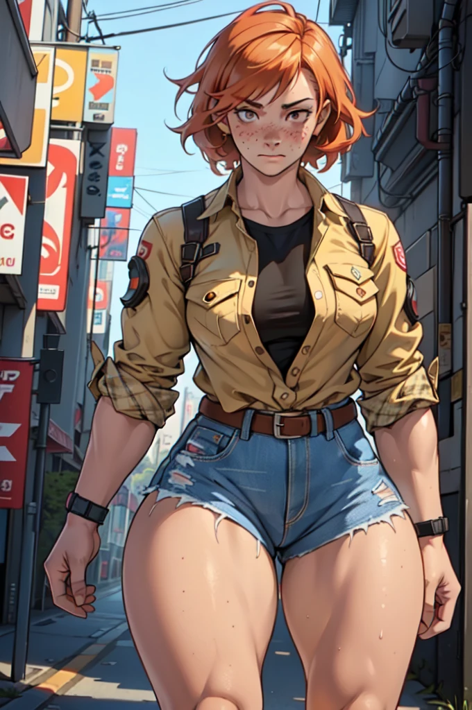 girl ((((muscular 1girl)))) ((((thick thighs toned body)))) (pale skin) short ginger hair, freckles, beautiful brown eyes, flannel shirt, skinny jeans, blushing deeply, very embarrassed expression, seductive, cyberpunk setting, (detailed image, realistic, high definition, 8k, hd, very detailed)