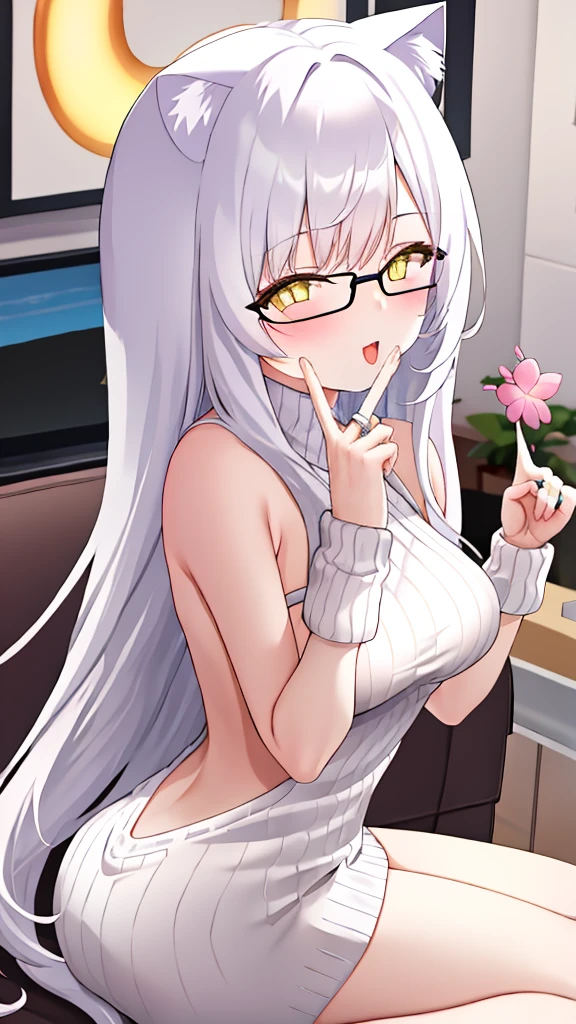 A 20-year-old female angel with long hair, white hair, yellow eyes, cat ears, breasts, and white angel wings. A glowing yellow halo ring overhead. Wear round glasses (White halter turtleneck sweater, white purekiller sweater, sleeveless, sexy backless sweater, white dress) white arm warmers Open mouth, stick out tongue, living room, sit on sofa