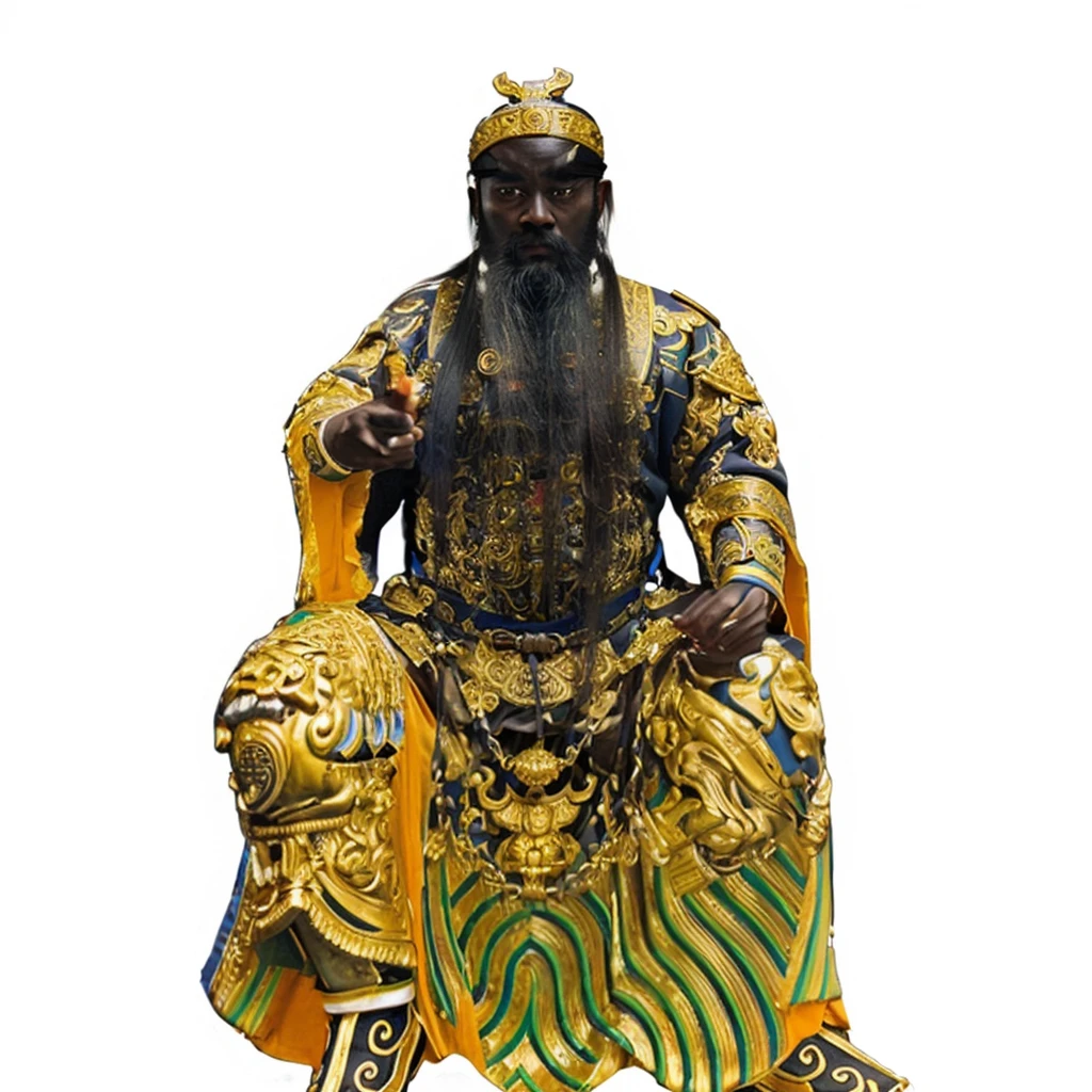 a black skin ancient chinese emperor, emperor rob, big eyes, thick eyebrow, holding a dark blue belt, taoist priest, long beard, empty forehead, bald