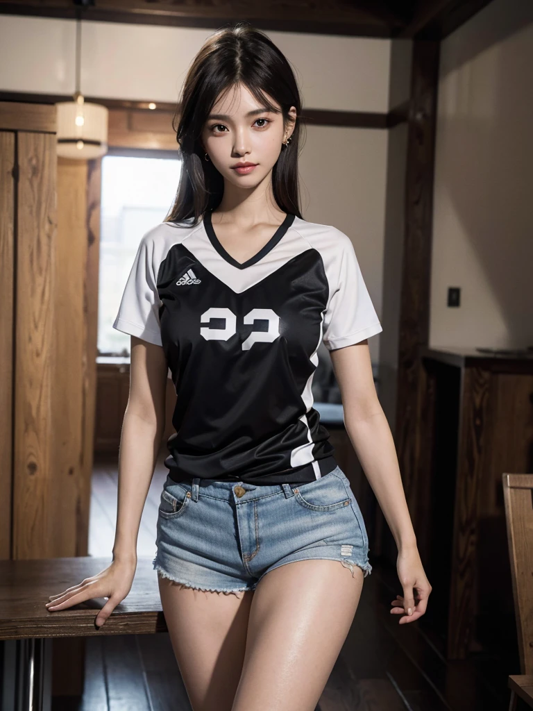 absurdres, RAW photo, extremely delicate and beautiful, masterpiece, Best Quality, ultra high resolution, 32k, hyperrealistic, ultra-detailed, perfect anatomy, anatomically correct, perfect figure, Perfect Style, Perfect balance, super Detailed skin, in her 30s, very Slim body, narrow waist, very small head, very small face, delicate facial features, handsome detailed woman, very detailed eyes and face, realistic face proportions, Realistic beautiful face, Realistic beautiful eyes, tearful mole, earring, huge round tits, full body shot, whole legs, medium hair, dark blonde hair, asymmetrical hair, indoor, (volleyball Jersey, shorts:1.2),