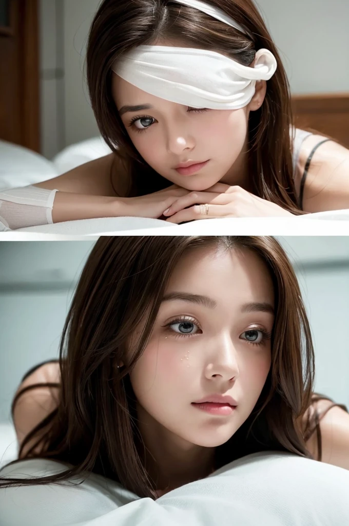 Here is the 8K masterpiece prompt:
A breathtaking 8K composition presents two contrasting scenes side-by-side within the same frame. The first half features a stunning portrait of a young woman with long, luscious brown hair styled in an elegant pulled-back hairstyle. Her warm brown eyes sparkle with a subtle smile, conveying gentle warmth as she gazes directly at the viewer. Delicate facial features and a refined face shape her captivating gaze, accentuated by a touch of sophisticated hair accessory. In sharp contrast, the second half of the frame depicts a woman lying in a hospital bed, her body wrapped in bandages and casts, tears streaming down her face as she contemplates her pain-filled reality.