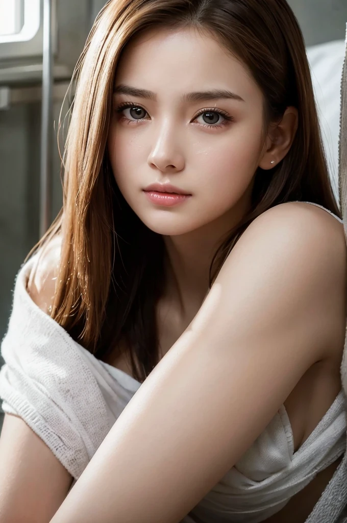Here is the 8K masterpiece prompt:
A breathtaking 8K composition presents two contrasting scenes side-by-side within the same frame. The first half features a stunning portrait of a young woman with long, luscious brown hair styled in an elegant pulled-back hairstyle. Her warm brown eyes sparkle with a subtle smile, conveying gentle warmth as she gazes directly at the viewer. Delicate facial features and a refined face shape her captivating gaze, accentuated by a touch of sophisticated hair accessory. In sharp contrast, the second half of the frame depicts a woman lying in a hospital bed, her body wrapped in bandages and casts, tears streaming down her face as she contemplates her pain-filled reality.
