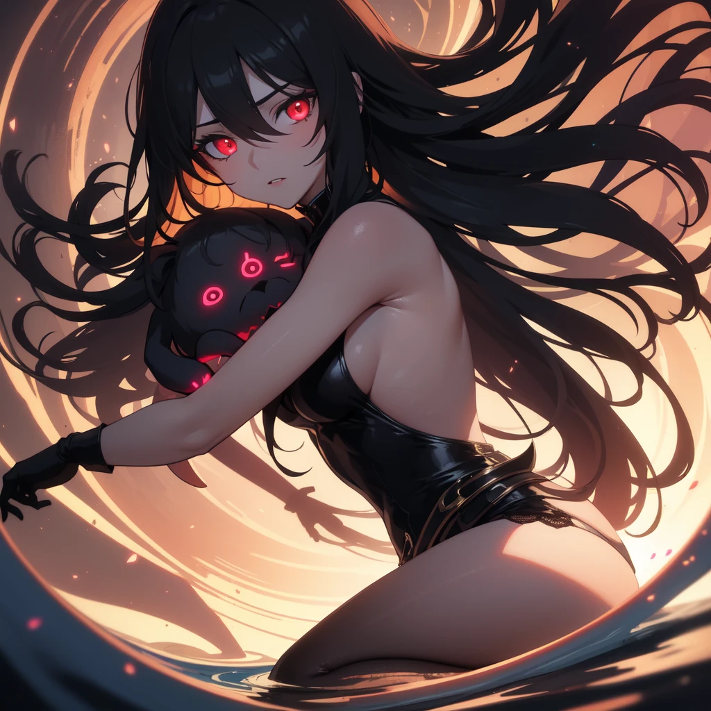 1 li girl , (lying surrounded by many arms ), upper body, character focus ,(bare breasts) ,darkness, spotlighting, ((rape face)) , black long straight hair, hair ribbon , red eyes, glowing eyes, ((horror)) ,((masterpiece)), ((best quality)), ((ultra-detailed)), (illustration), ((an extremely delicate and beautiful))