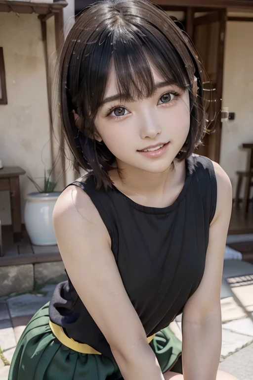 (8k, top quality, high definition, the best masterpiece, bright lighting, smooth professional lighting, face light, childish face, 15 years old, small breasts, balance carefully, camera gaze, big eyes, bilateral symmetrical eyes, laugh showing teeth, realistic skin, hydrated skin, perfect model body type, photorealistic, raw photo, japan girl, super cute, upper body Images, front pose), hair(black hair, short medium hair, black short medium hair), (fashion (black blouse, cute yellow, blue skirt))