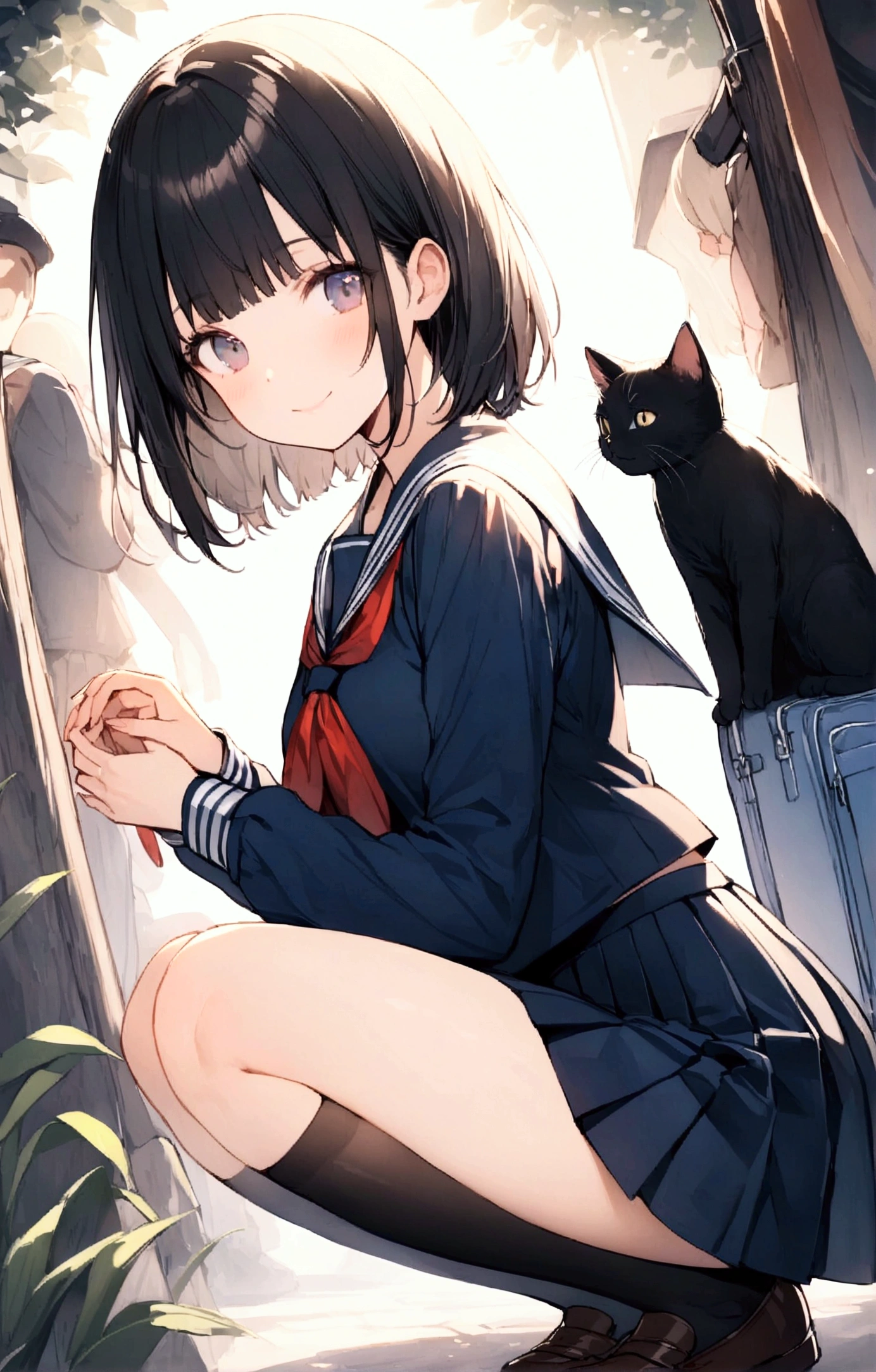 One Woman、1 kitten、Alley、heavy rain、beautiful girl、Sailor suit、smile、Look at the kitten、Pleated skirt、Holding a backpack with both hands、Year: 18、Long Hair, Highest quality,  Body Type、small 、small ass、Black Hair、Black knee-high socks、Cowboy Shot、Ultra-high definition images、Squatting down to fix shoelaces、Angle from directly below、Petting a cat、Holding a kitten、Pick up a kitten