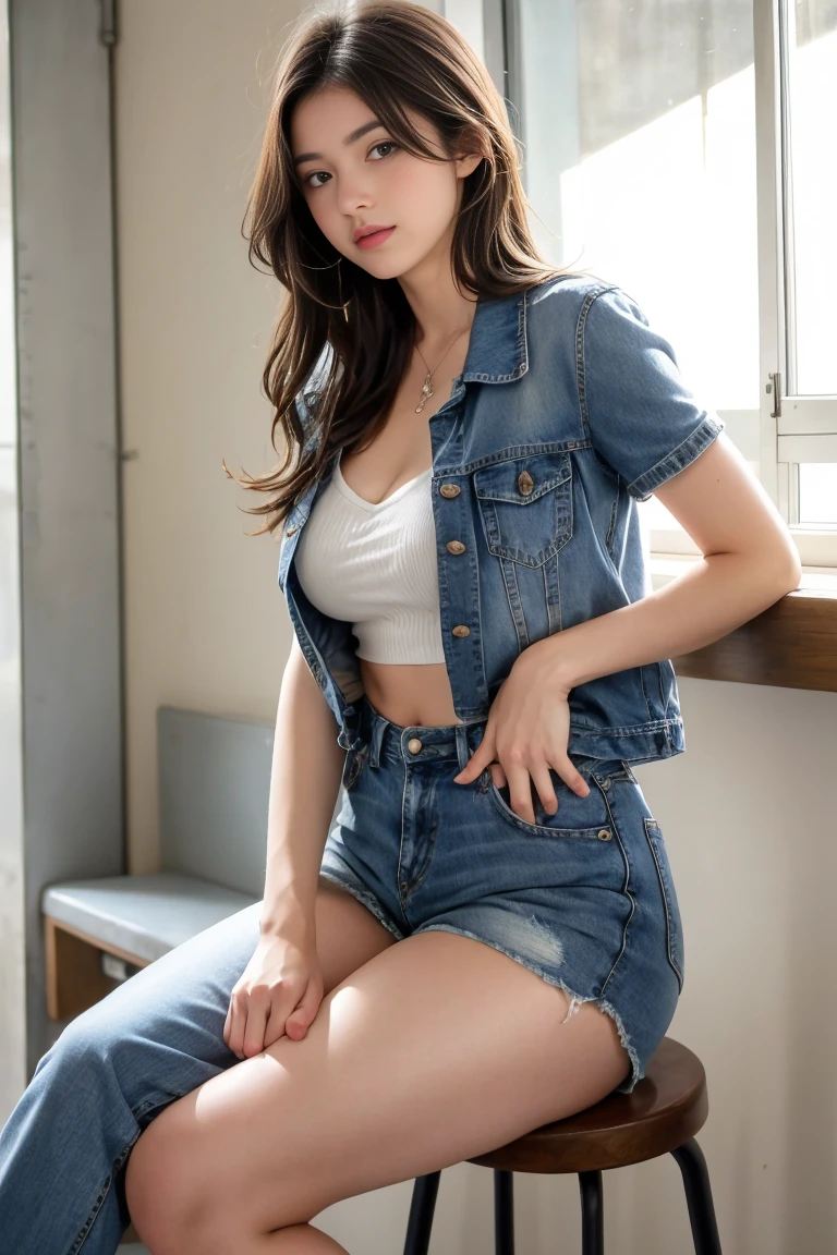 une femmes brunette de 18 ans sexy et mince , short sleeve veste en jean , salle de classe, se touche,position sey,sensuel