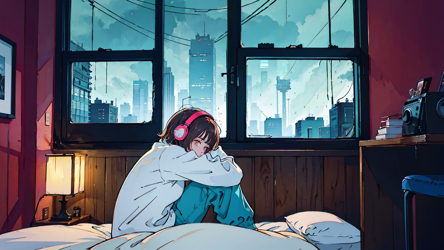 Lofi Song, sitting on the bed. looking at the window, having a coffee. listening to music on headphones, while looking out the window and seeing the rain falling