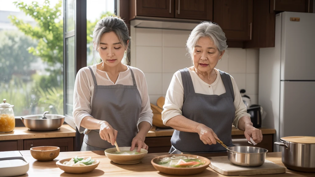 (best quality), (masterpiece), On a summer day with a cool breeze,
A cozy kitchen,
The gray-haired, wrinkled-faced grandmother is cooking samgyetang. 할머니 1명