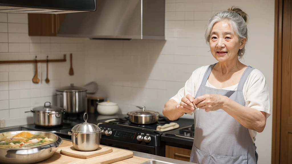 (best quality), (masterpiece), On a summer day with a cool breeze,
A cozy kitchen,
The gray-haired, wrinkled-faced grandmother is cooking samgyetang. 할머니 1명