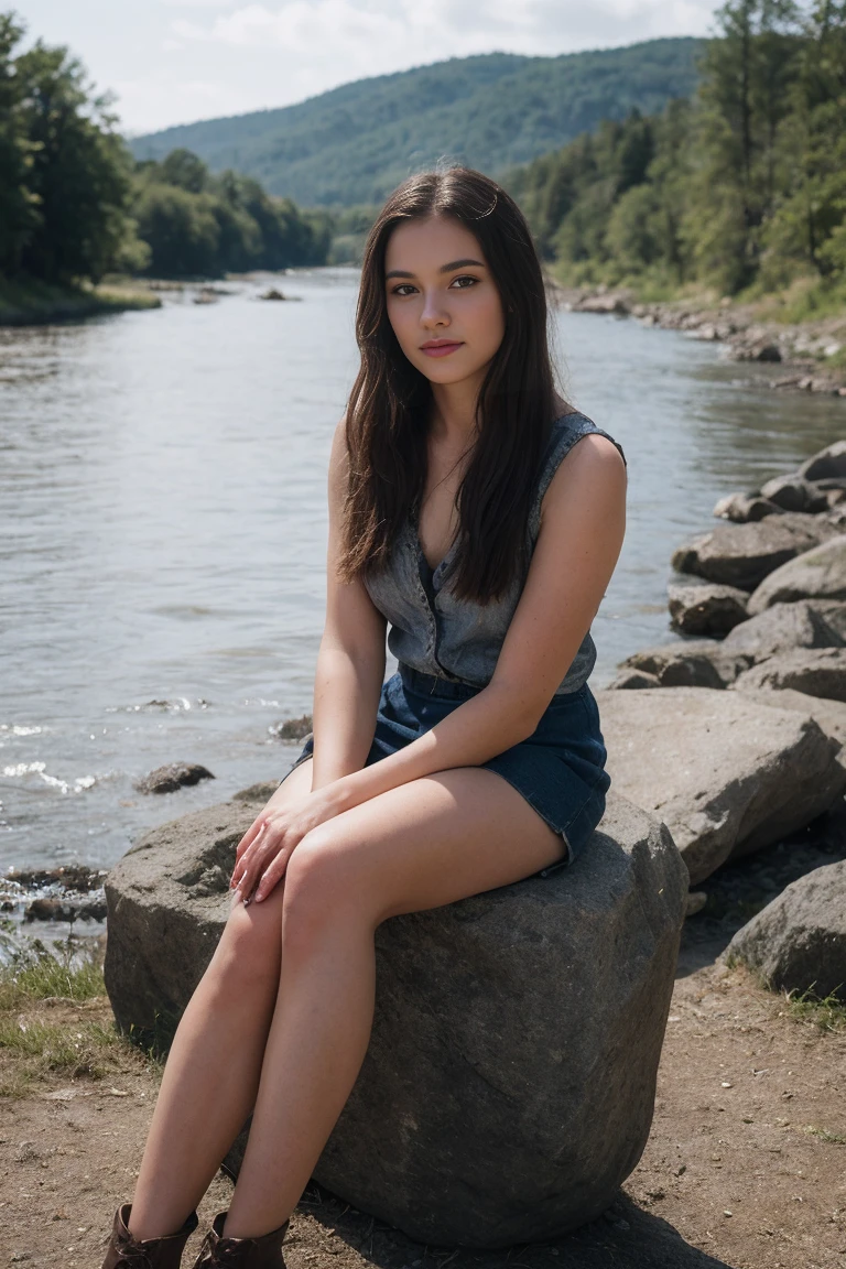 (top quality, 8 K, masterpiece: 1.3)), (1 person: 1.4), 1 beautiful girl, USA, Wild West, western, 16 years, high contrast, диафрагма F1.2, 24mm focal length, (whole body: 1.2), A faint smile, sitting near a river, there's a forest across the river, mountains are visible from afar, long blue dress with long sleeves, simple cut dress, long straight light brown hair, hair tie, ultra-detailed skin, detailed fabric texture