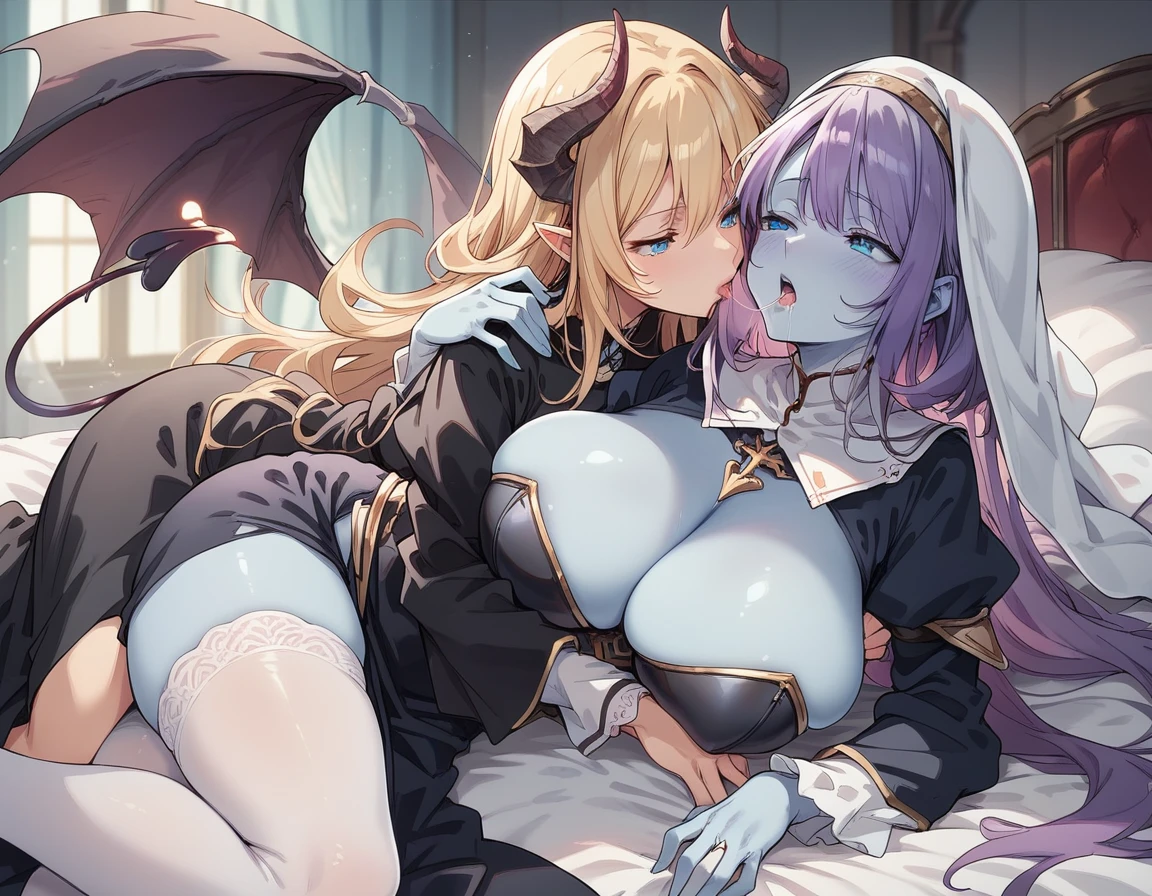 source_anime , Expressiveh , duo, gynomorph/femail, dominant gynomorph, humanoid/human, human on anthro, yuri, kiss, saliva trail, hug, spooning, (blue skin:1.3), futanari, purple hair, very long hair,horn, Large bat-like wings, Spade Tail, Succubus, devil, seducer, (Large Breasts:1.2) , black armor, (muscula:0.8), larger female, white skin, young larger female, (Huge Breasts) , blonde hair, medium hair, nun