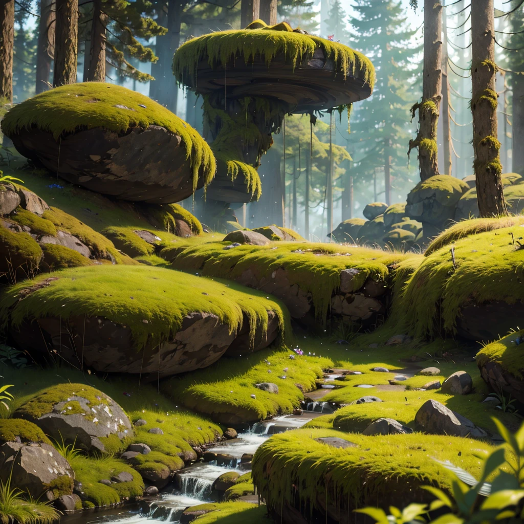 large moss-covered thick pipe on a rocky area with grass