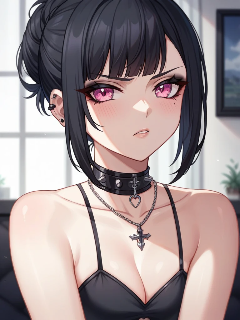 Adult, Female, long Black hair, goth girl, pink eyes gothic aesthetic, goth clothing, goth make up, thick thighs, medium chest, annoyed, disgruntled, bedroom, gothic bedroom, aesthetic bedroom, Masterpiece, Accurate, Anatomically Correct, Best Quality, High Details, Detail, Super Detailed, Best detail, Perfect detail, Amazing detail, [-3, 3], Close-Up, Looking at viewer, up close, headshot