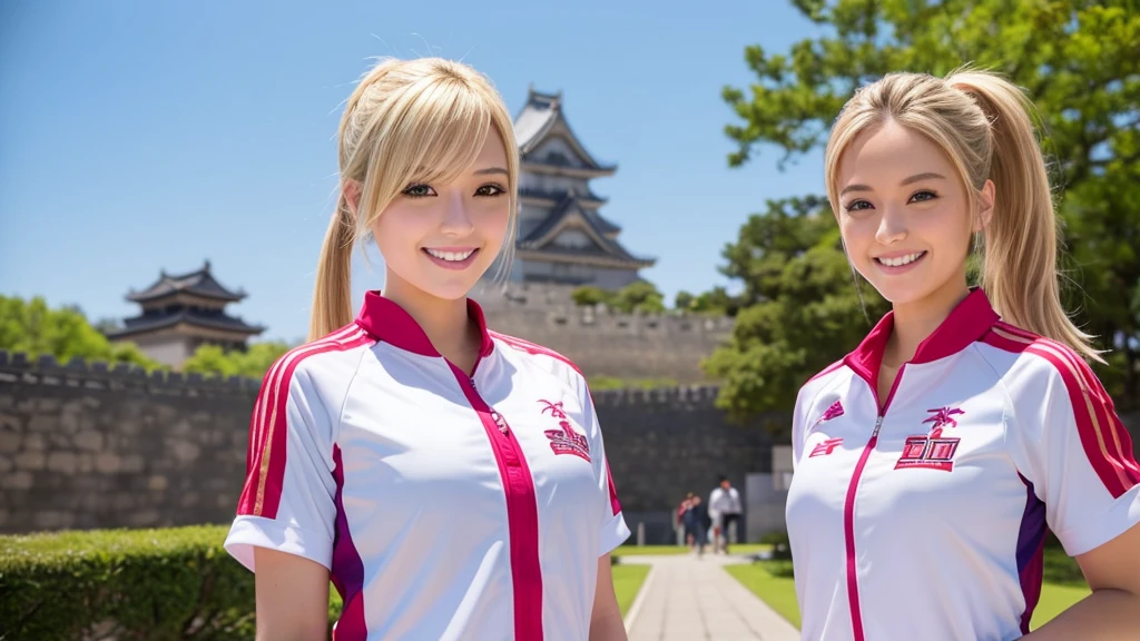 A female announcer is broadcasting live from Himeji Castle.。Blonde ponytail。smile、front。Track and field uniforms