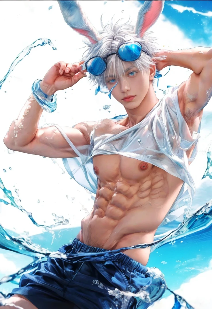 1boy, adult, handsome, perfect face, detailed eyes and face, clean shaved, muscular, capturing a rural atmosphere, dynamic lighting, unreal engine 5, hd picture, satoru gojo, white hair, short hair ,hair between eyes ,blue eyes, white skin, pink nipple, bunny ears, Right hand holds swimming goggles, Water details