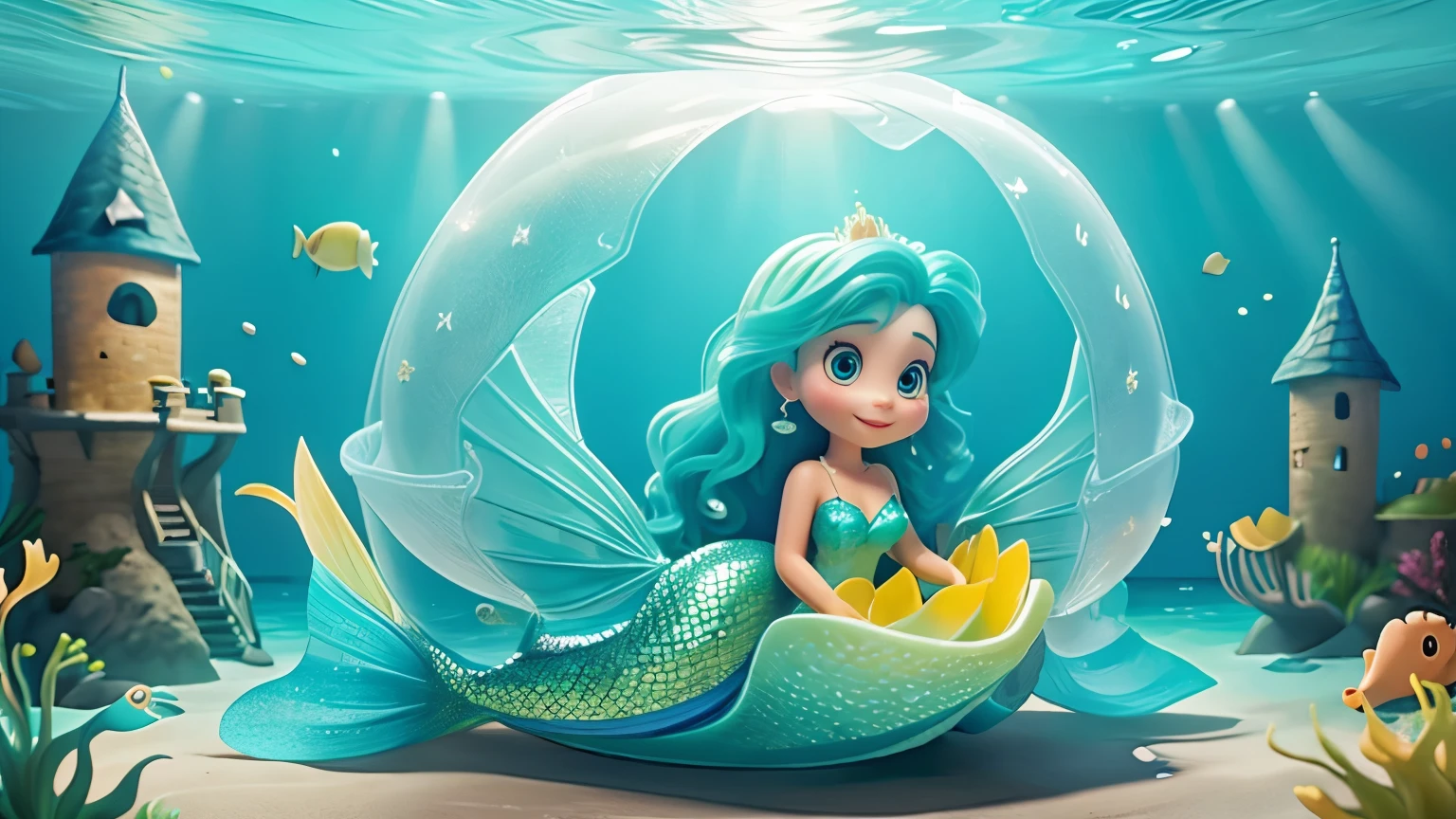 On the sparkling shores of an otherworldly English lake in the 1990s, a tween Latino boy, with a shimmering mermaid tail and vibrant scales, skillfully navigates the waters while engaging in a thrilling underwater race, creating a dynamic tableau of aquatic magic.
