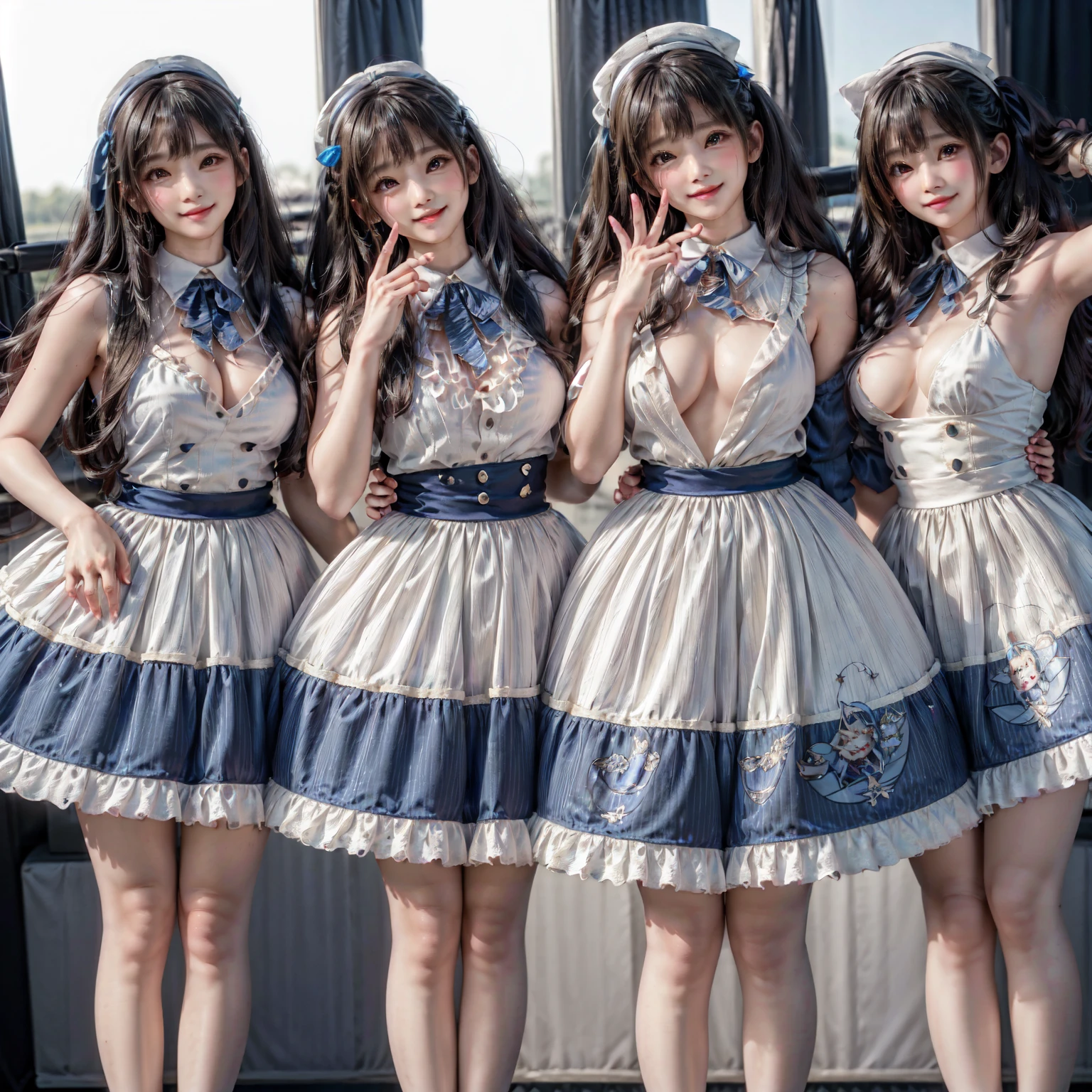 masterpiece, ((Highest quality, Detailed and realistic 3D))、Idol Concert、((Concert Stage、Concert Venues))、(3 人のcute裸の女の子、cute:1.3、Slim figure:1.4、smile、sing、dance、Mr.々Hair style、pubic hair、fun、Open Stance:1.2)、(((Full nudity、Pussy)))、(Realistic and detailed skin texture、Big beautiful eyes、Ribbon Hairband、Idol Costumes、Ultra mini skirt)、((The characters are unique、Mr.々Hair style
