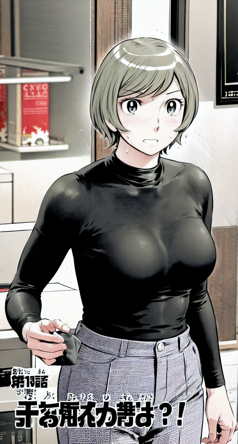 、(masterpiece、Highest quality)、Highest quality, Ultra-high resolution, (((masterpiece))), alone, Sweat、Big eyes,office、Tight white Y-shirt、tight black suit pants、indoor、Composition from the front、(後ろCut your hair short、short hair、blonde、woman)、Shortcuts、Embarrassed face、Cut your hair short、可愛いwomanの子、Big Breasts