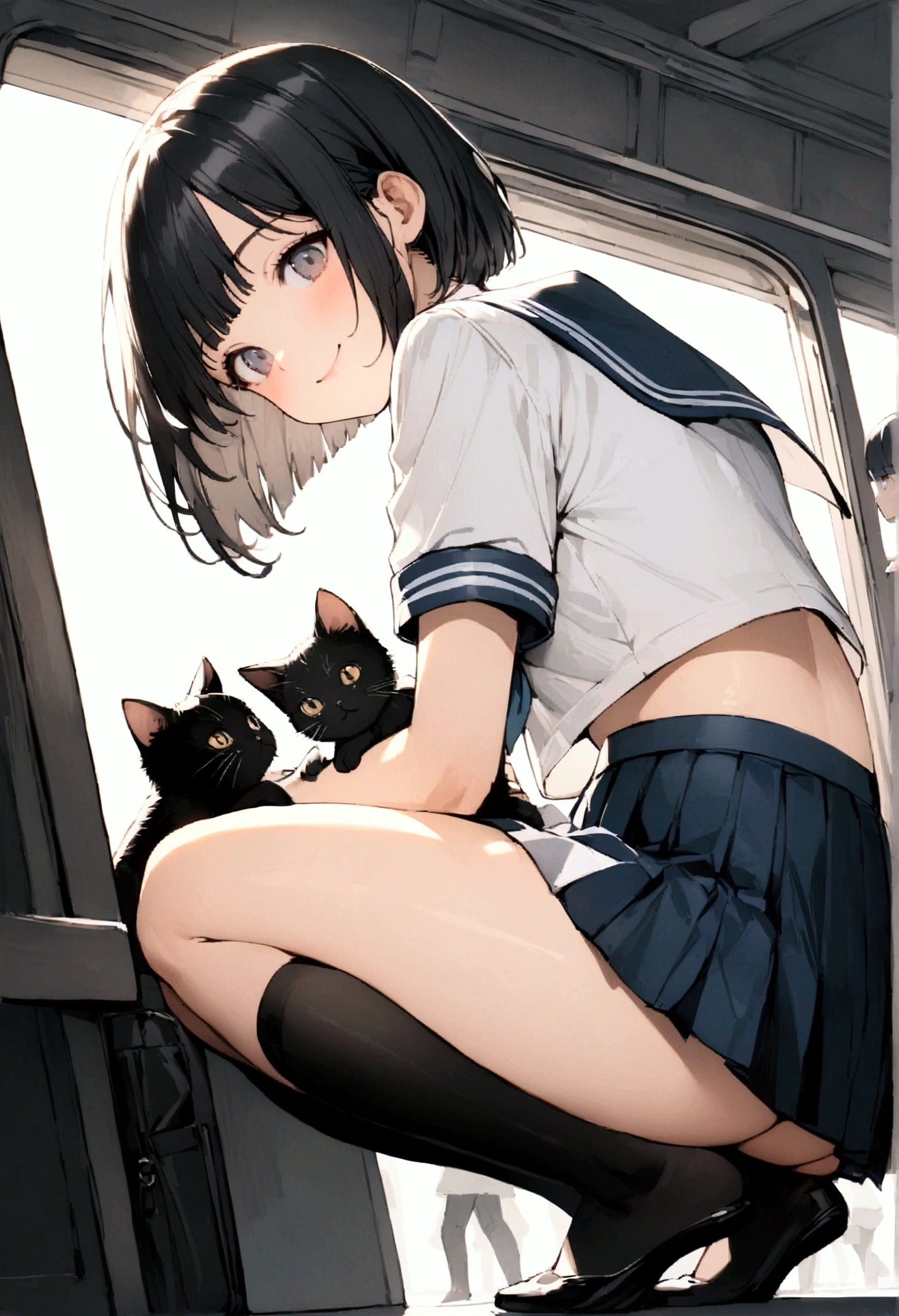 One Woman、1 kitten、crowd、Station platform、beautiful girl、Sailor suit、A gentle smile、Looking at the kitten、Pleated skirt、Hold a school bag with both hands、Age: 18、Bob Cut Hair, Highest quality,  body type、Small 、Small ass、Black Hair,The train is coming、Black knee-high socks、Cowboy Shot、Ultra-fine images、squat、Angle from directly below、Petting a cat、pat、Put the kitten on your lap、The kitten is fond of