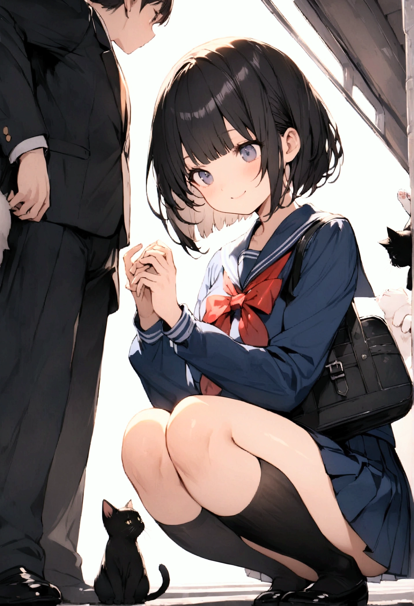 One Woman、1 kitten、crowd、Station platform、beautiful girl、Sailor suit、A gentle smile、Looking at the kitten、Pleated skirt、Hold a school bag with both hands、Age: 18、Bob Cut Hair, Highest quality,  body type、Small 、Small ass、Black Hair,The train is coming、Black knee-high socks、Cowboy Shot、Ultra-fine images、squat、Angle from directly below、Petting a cat、pat、Put the kitten on your lap、The kitten is fond of