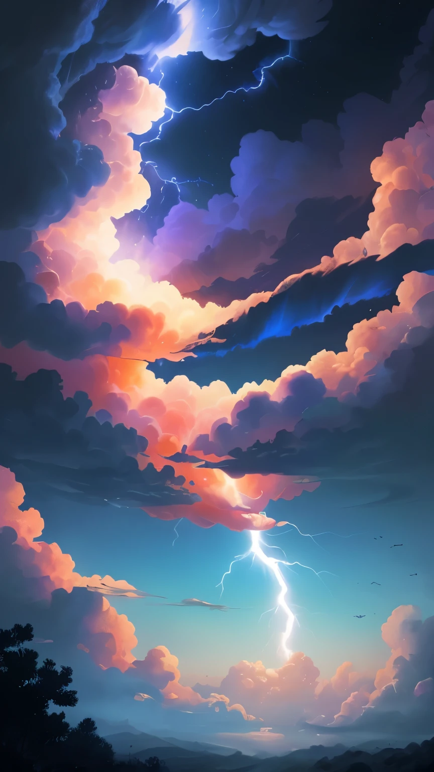 ((best quality)), ((masterpiece)), (detailed), A digital illustration of a rainbow lightning in a dark blue sky with small peach color birds flying in the background