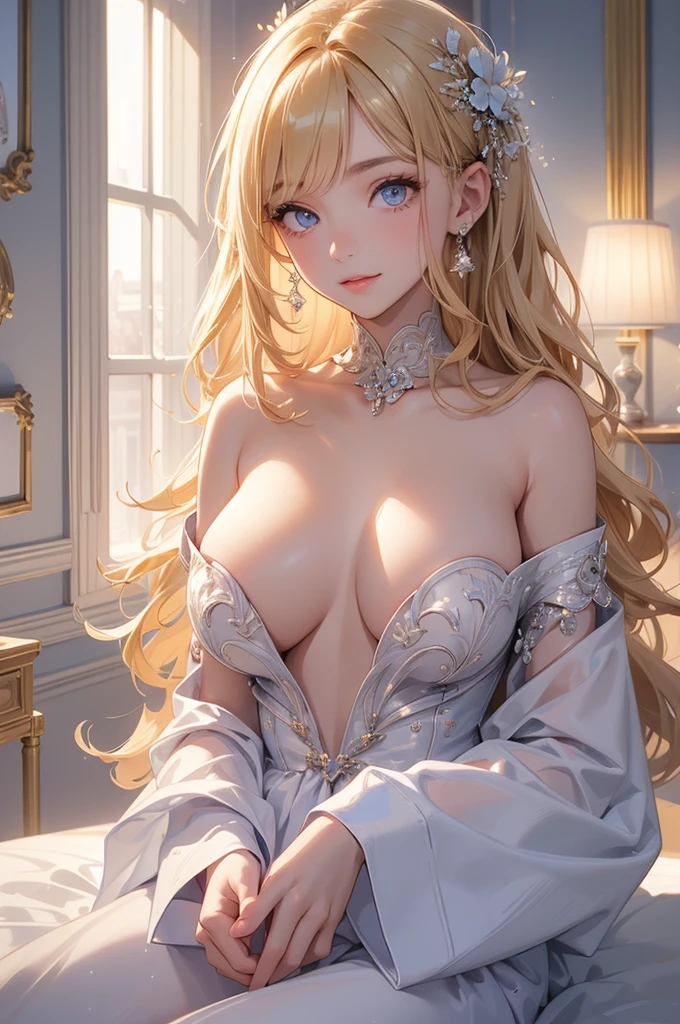 ((masterpiece, best quality, ultra-detailed, high resolution, extremely detailed CG, super detailed, Most beautiful clean lighting)), 1 girl, wry smile,  ,, young girl, very young face, pretty face, Multiple long drill hair, Large amount of hair, curly hair in vertical rolls, shiny blonde Long hair, Beautiful blue eyes, huge breasts, She has a large chest but a thin body, white skin, Perfect nudity, completely nude, upper body, bed room, nsfw, 