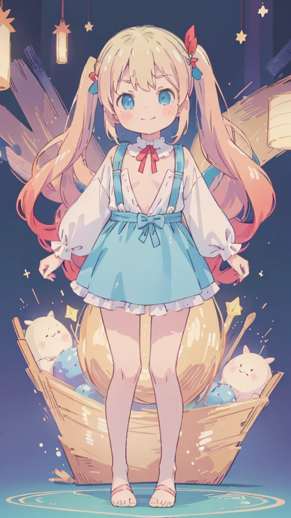 ((masterpiece))((Highest quality))girl、Smirk、blush、Flat Chest、Are thin、Blonde Hair、blush、Are standing、Whole body image、Eye level to the feet、front、No background、真frontのアングル、Blue clothes、Two-tone red and blue hair、Twin tails、Red Alice outfit
