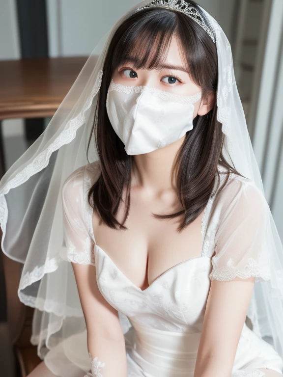 (Highly detailed CG unity 8k), (highest quality),(very detailed),(ultra high resolution), 1 female, white cloth gag, rope bondage, breasts rope bondage, hands back rope bondage, leg rope bondage, thigh rope bondage, bust rope bondage, feet rope bondage, Arms behind the waist, bound wrists, shackles the ankles, Legs together, Tie your ankles, Black Hair, , Gorgeous wedding dress in pure white, White wedding veil, Wedding Tiara, (white stockings:1.4), White garter belt, teary eyes, church, altar,