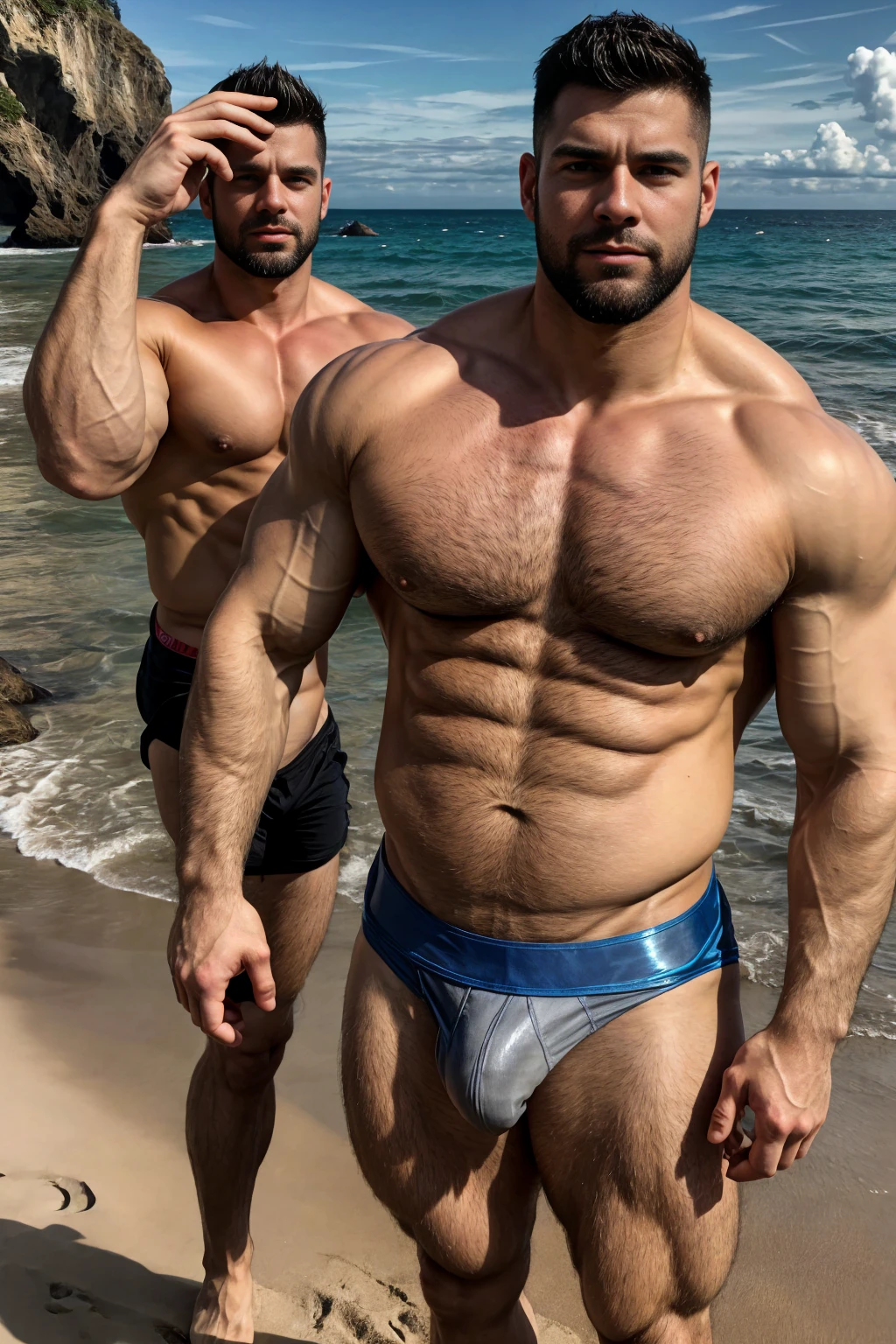 Ultra wide angle,(Medium shot of two handsome guys),twin,Male love,plump breasts,swelling of chest muscles,Full chest muscles,swelling of chest muscles,Sweat,Skin is moisturized and shiny,(face slimming),small head,short hair,beard,Sexy and charming expression,gloomy eyes,blue eyes,Naughty and cool,Handsome and cool guy, (Topless), ultra thin pantyhose,Big bag highlights,(Full chest muscles),(breast muscle swelling),Chest and belly hair,Topless,Skin smooth and hydrated,fiery, Super Sexy, Behind him is the sea, standing on a sandy beach by the ocean,There are flying fish and dolphins in the water,of a Topless, member, Very sexy,Blue sky and white clouds, member, looks hot, Strong smoldering, Attractive and good looking, 30 years old, Attractive man, sexy masculine, 8k reality, Ultra-detailed photos, Bulger j8,Perfect hand details,Perfect facial details