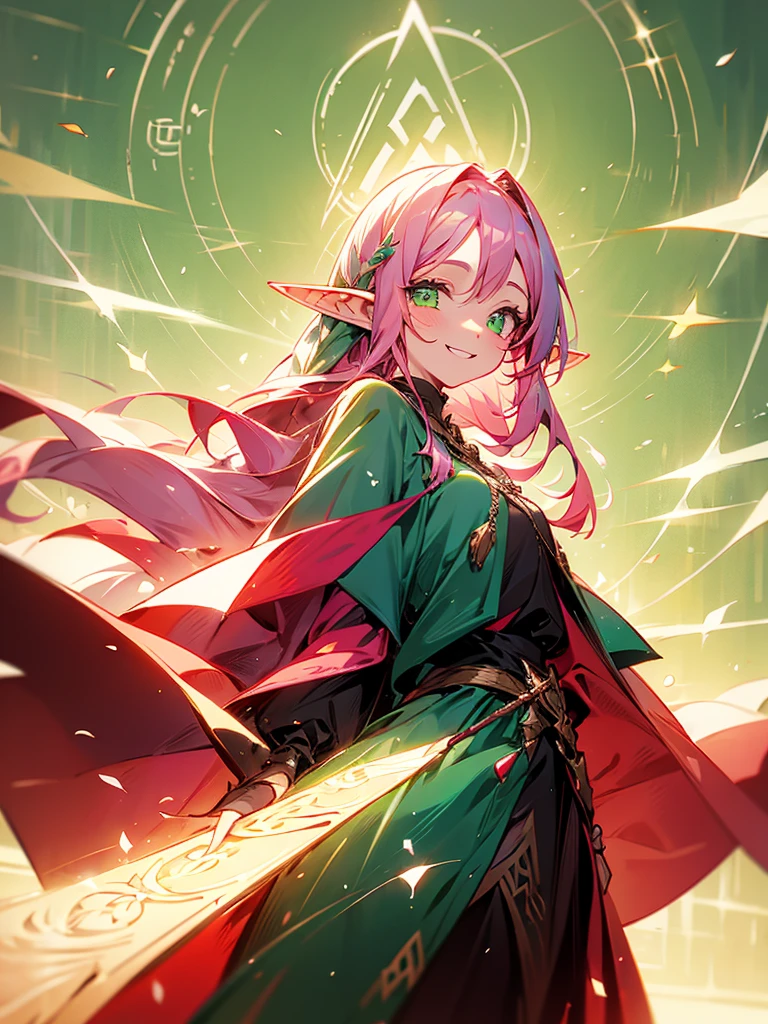 An elf girl with pink hair and green eyes. Her hair is long. There are strands or bangs on her forehead. Holding a large staff, wearing a cloak, smiling gently.
