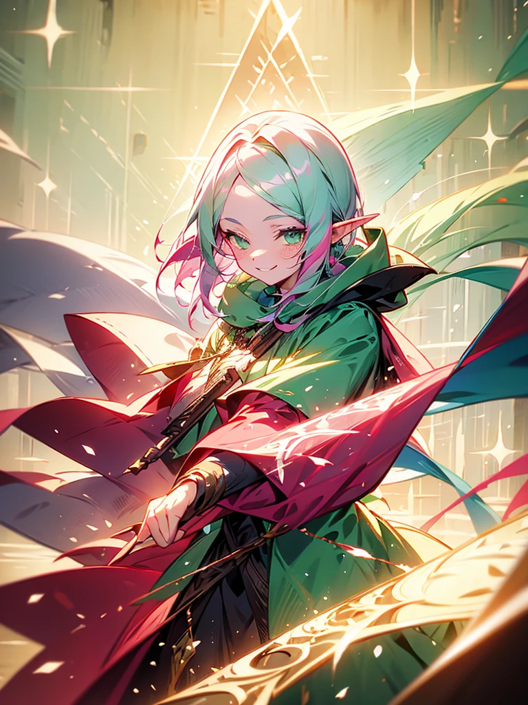An elf girl with pink hair and green eyes. Her hair is long. There are strands or bangs on her forehead. Holding a large staff, wearing a cloak, smiling gently.
