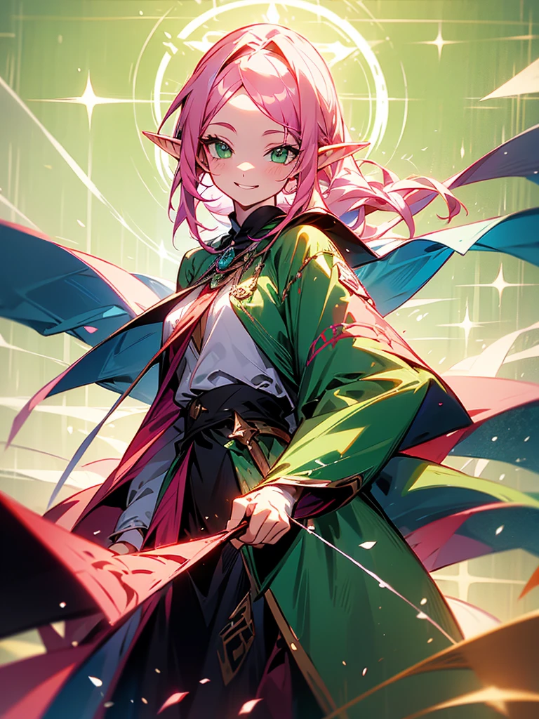 An elf girl with pink hair and green eyes. Her hair is long. There are strands or bangs on her forehead. Holding a large staff, wearing a cloak, smiling gently.