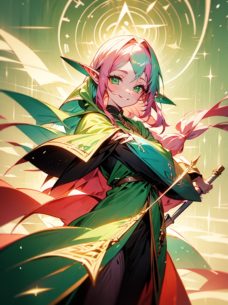 An elf girl with pink hair and green eyes. Her hair is long. There are strands or bangs on her forehead. Holding a large staff, wearing a cloak, smiling gently.