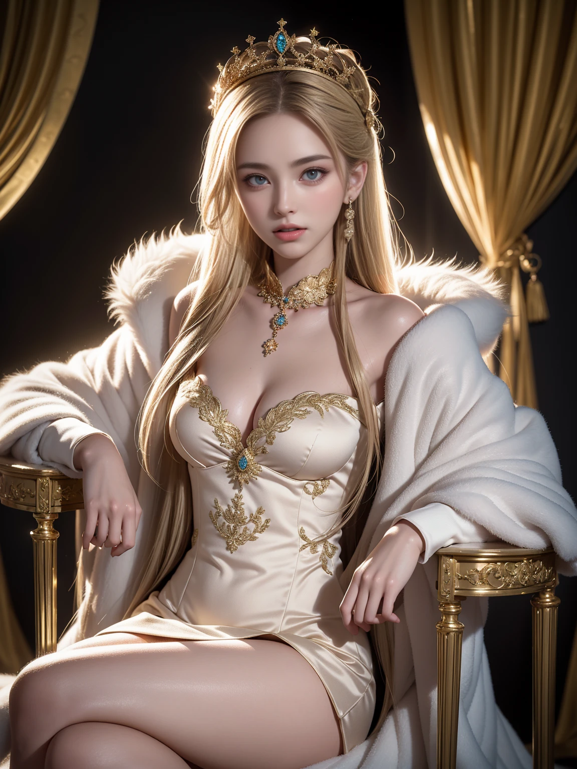 (((Medium Full Shot))), (Highest quality, Very detailed:1.3), (Nice hands, Perfect hands), Official Art, Cinematic Light, (One girl:1.3), Hot Adult Girls, Dressed in a royal white fur coat and black lace lingerie, Sitting on the Golden Throne, blush, Beautiful Face, Green Eyes, Blonde, Crown Braid Tie, Gold Tiara, Flowers, plant, Glowing Skin, Gold Jewelry. Concept Art,16K