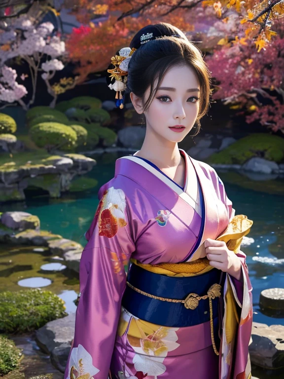 (Highest quality、 8k 、masterpiece、High resolution)、 Japanese painting、Vibrant colors、A woman wearing a kimono、Ample breasts、(Highly detailed face and eyes,Beautiful Face,Beautiful Eyes,Beautiful nose,Pretty lips)、Dynamic painting technique、Japanese garden、Autumn scenery、autumn leaves、Night Sky、moonlight、Detailed Description、