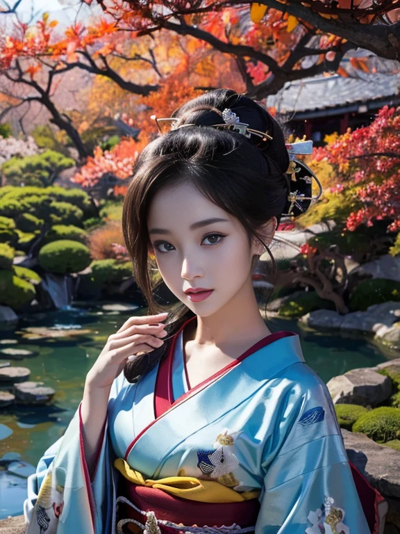 (Highest quality、 8k 、masterpiece、High resolution)、 Japanese painting、Vibrant colors、A woman wearing a kimono、Ample breasts、(Highly detailed face and eyes,Beautiful Face,Beautiful Eyes,Beautiful nose,Pretty lips)、Dynamic painting technique、Japanese garden、Autumn scenery、autumn leaves、Night Sky、moonlight、Detailed Description、