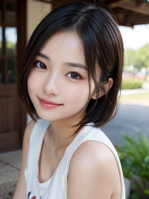 (masterpiece:1.3), (8K, Photorealistic, RAW Photos, Best image quality: 1.4), Japanese Girls、16 years old、(Random hairstyle:1.2)、(Cleavage:1.2)、Super detailed face、Eye on the details、double eyelid、Chest to chest、Sharp focus:1.2、(Cute Woman:1.4)、Light brown hair、bangs、Highest quality、Ultra-high resolution、(Photorealistic:1.4)、Highly detailed and professionally lit smiles、Loose, lightweight knitwear、thin、smile、Long Hair、Upper body portrait