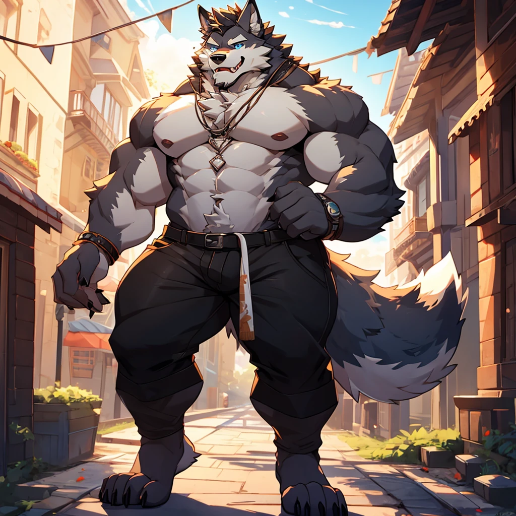 a man with a big body, fursona furry art commission, beefy werewolf, commission for high res, fursona commission, happy high moral sexy werewolf, fursona art, furry fursona, an anthro wolf, furry art, anthropomorphic wolf, thick furry neck and chest fluff, full body, big tail, fade cut hair, blue eyes, grey and cream,High resolution imageHDR,4K