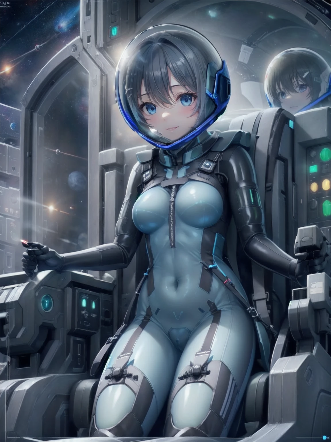 inside the (cockpit:1.9) of a (futuristic spaceship:1.6), , blush,sitting on a chair,, cum, {in heat , horny, in the laboratory, flask, chemicals, best quality, excellent quality, highly aesthetic, abubble helmet, (space helmet:1.7) 1girl, solo,,smile, (\, fortified suit, ((blue:1.5) plugsuit),